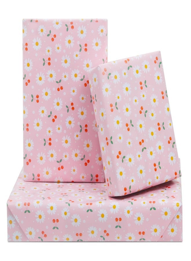 AirCool White and Yellow Daisy Floral With Red Cherries On Pink Gift Wrapping Paper 6 Sheets For Kids Girls Boys Women, 20 x 30 inch Flower Gift Wrap for Birthday Baby Shower Wedding Holiday Christening - Image 1